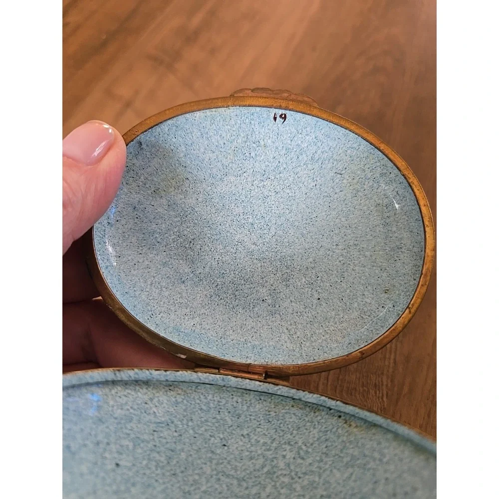 VTG Enameled Granite Ware Butterfly/Floral Brass Hinged Trinket Dish